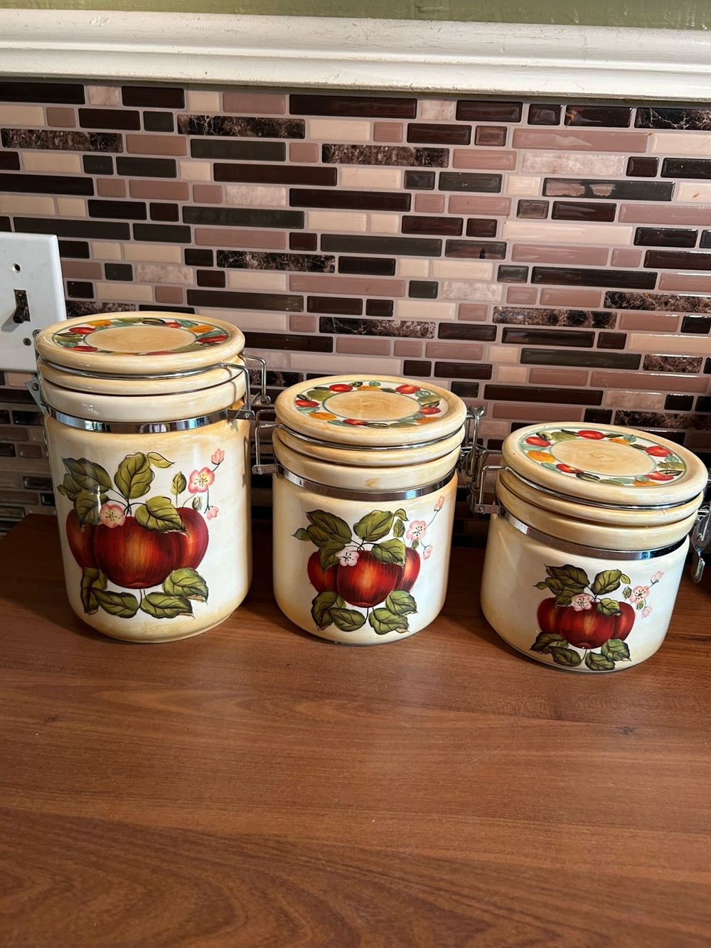 Ceramic Apple Canister with Lid - Cream and Red